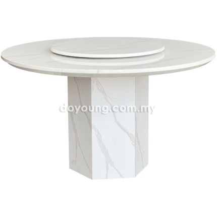 METONI (Ø130cm - T50mm White) Fully Faux Marble Dining Table with Lazy Susan
