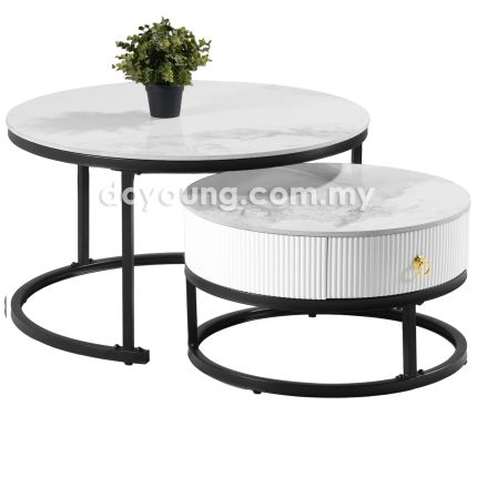 CAELIA IV (Ø80,60cm Set-of-2 Ceramic) Coffee Tables with Drawer