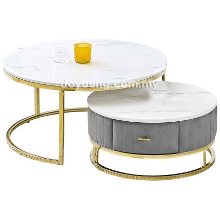 CAELIA IV (Ø80,60cm Set-of-2 Faux Marble, Gold) Nesting Coffee Tables with Velvet Drawer