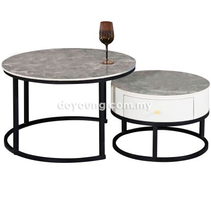 CAELIA V (Ø70,50cm Set-of-2 Ceramic) Nesting Coffee Tables with Drawer