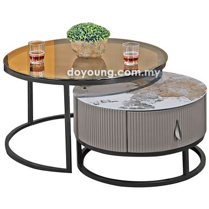 CAELIA V (Ø80,60cm Set-of-2 Ceramic, Glass) Nesting Coffee Tables with Drawer