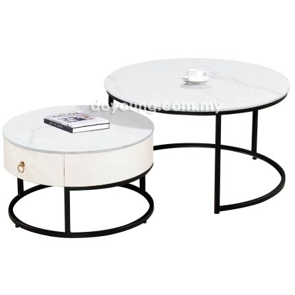 CAELIA V (Ø80,60cm Set-of-2 Ceramic) Nesting Coffee Tables with Drawer