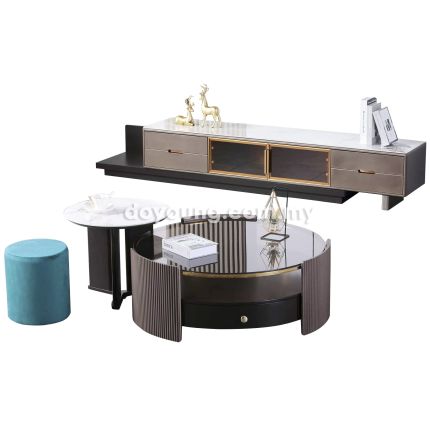 EWEN (180cm Expandable Ceramic) TV Console + (Ø90cm) Coffee Table + (Ø50H42cm) Side Table with Pouf