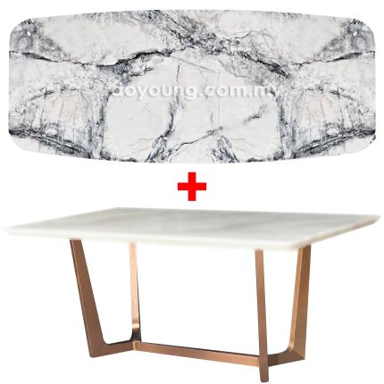 NILSINA III (210x110cm - Lasered Natural Stone, White) Rose Gold Dining Table