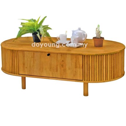 INDIRA+ (Oval120x60cm Rubberwood - Golden Brown) Coffee Table with Drop-Down Doors (CUSTOM)