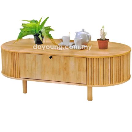 INDIRA+ (Oval120x60cm Rubberwood - Natural Oak) Coffee Table with Drop-Down Doors (CUSTOM)