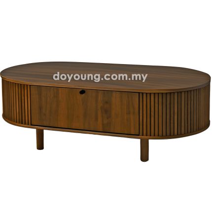 INDIRA+ (Oval120x60cm Rubberwood - Walnut) Coffee Table with Drop-Down Doors (CUSTOM)