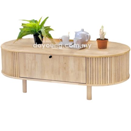 INDIRA+ (Oval120x60cm Rubberwood - WhiteWash) Coffee Table with Drop-Down Doors (CUSTOM)
