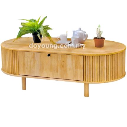 INDIRA+ (Oval120x60cm Rubberwood - Yellow Oak) Coffee Table with Drop-Down Doors (CUSTOM)