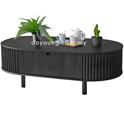 INDIRA+ (Oval120x60cm Rubberwood - Black) Coffee Table with Drop-Down Doors (CUSTOM)