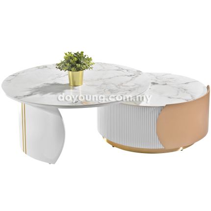 MABON (Ø90,70cm Ceramic - White) Expandable Coffee Table with 1 Drawer