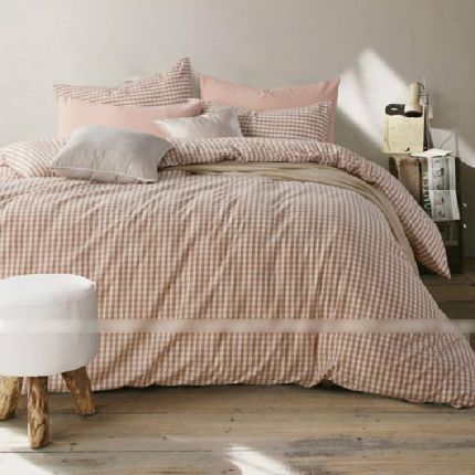 GINGHAM CORAL (Queen/ King) Washed Cotton Duvet Cover Set-Queen-Coral
