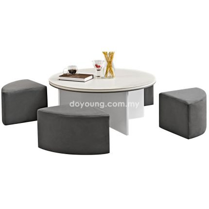 REBAR (Ø90cm White/Grey) Coffee Table with Sintered Stone Top & 4 Poufs