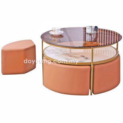 REBAR III (Ø84cm Gold) Coffee Table with Glass, Ceramic & 4 Poufs