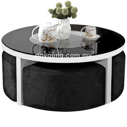 REIKO III (Ø90cm High Gloss White) Coffee Table with Glass Top & 4 Poufs