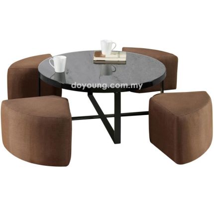REBAR II (Ø90cm Black) Coffee Table With Ceramic Top & 4 Pouf 
