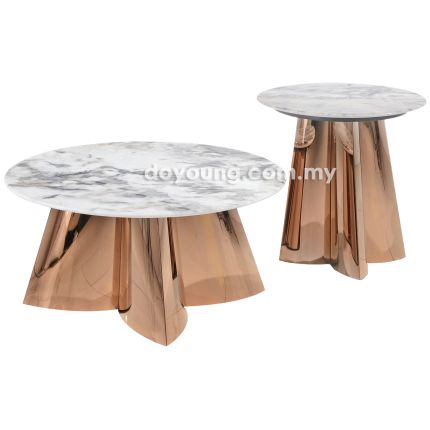 STARLET III (Ø80,50cm Set-of-2 Lasered Natural Stone, Rose Gold) Coffee Tables
