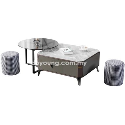 TANNER (80x70cm Ceramic) Coffee Table + (Ø70H43cm Glass) Side Table with 2 Poufs