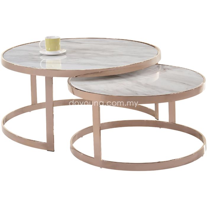 CAELIA IV+ (Ø90,Ø70cm Set-of-2 Faux Marble, Rose Gold) Nesting Coffee Tables