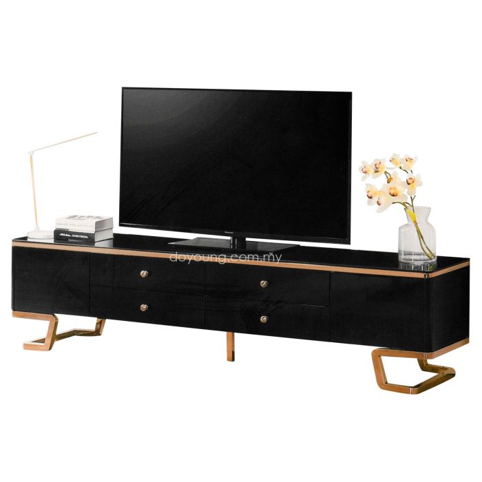 THOREN (200cm Rose Gold) High Gloss TV Console with Glass Top